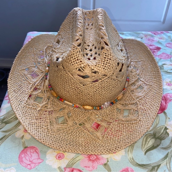 Cappelli Cowboy Cowgirl Hat Womens Western Paper Straw Boho Concert Festival - Picture 2 of 13